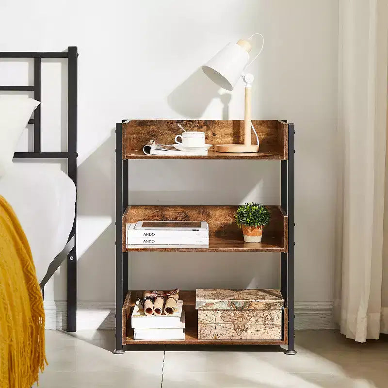 VECELO 3-Tier Small Bookshelf, Storage Organizer, Industrial Shelving Unit for Office or Living Room, Brown
