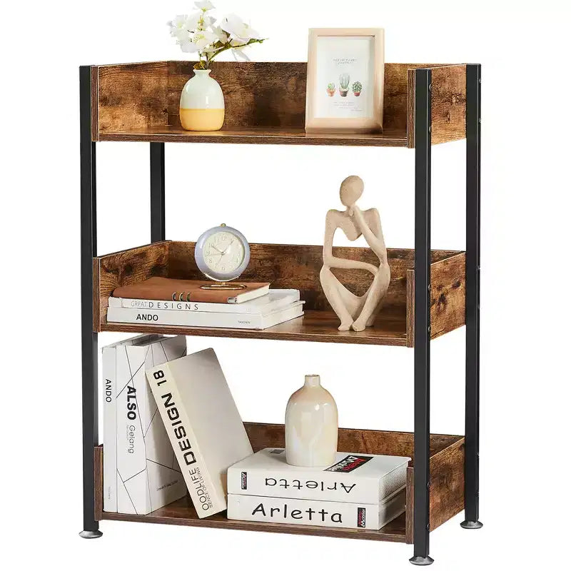 VECELO 3-Tier Small Bookshelf, Storage Organizer, Industrial Shelving Unit for Office or Living Room, Brown