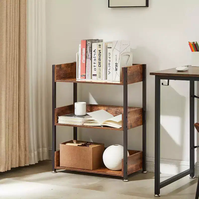 VECELO 3-Tier Small Bookshelf, Storage Organizer, Industrial Shelving Unit for Office or Living Room, Brown