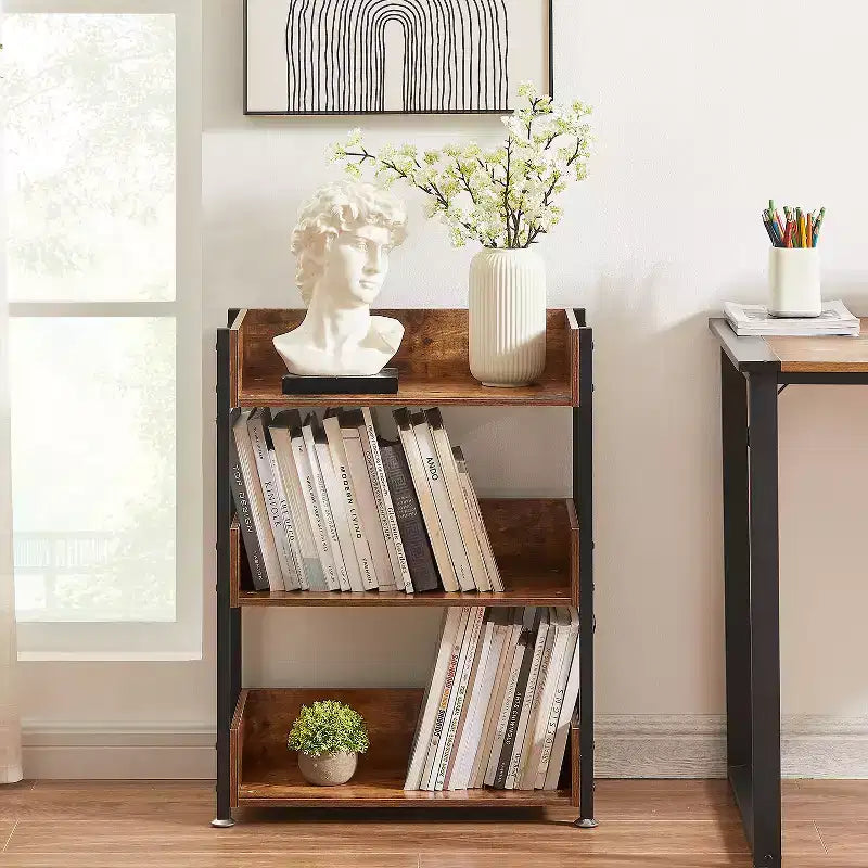 VECELO 3-Tier Small Bookshelf, Storage Organizer, Industrial Shelving Unit for Office or Living Room, Brown