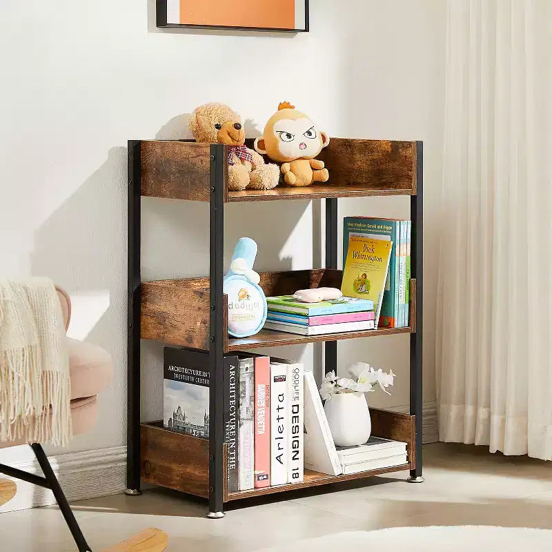 VECELO 3-Tier Small Bookshelf, Storage Organizer, Industrial Shelving Unit for Office or Living Room, Brown