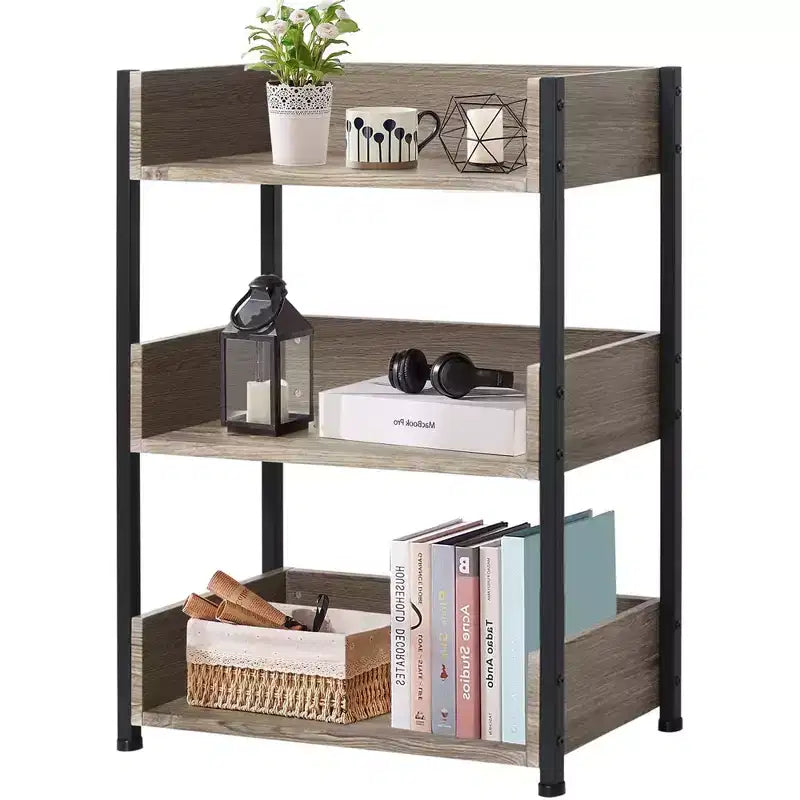 VECELO 3-Tier Small Bookshelf, Storage Organizer, Industrial Shelving Unit for Office or Living Room, Brown