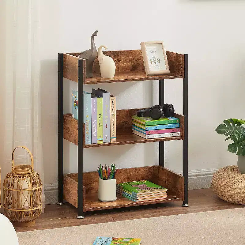 VECELO 3-Tier Small Bookshelf, Storage Organizer, Industrial Shelving Unit for Office or Living Room, Brown