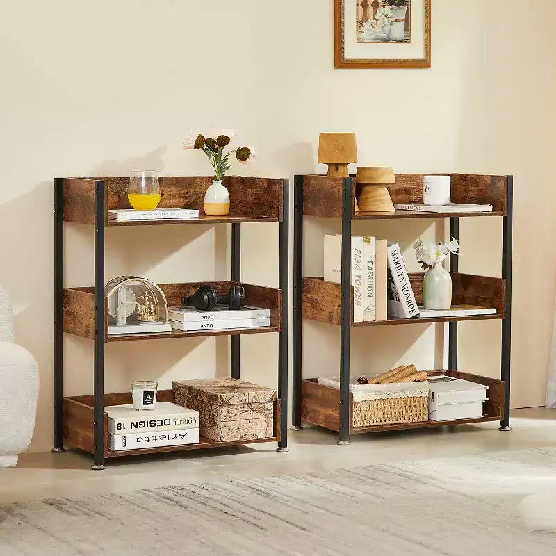 VECELO 3-Tier Small Bookshelf, Storage Organizer, Industrial Shelving Unit for Office or Living Room, Brown