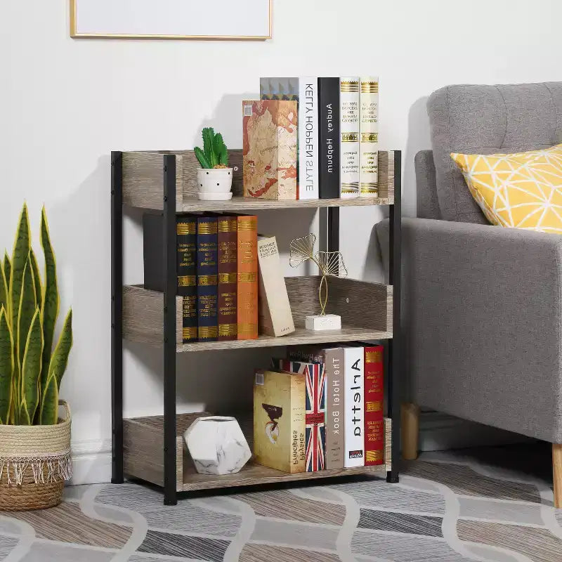 VECELO 3-Tier Small Bookshelf, Storage Organizer, Industrial Shelving Unit for Office or Living Room, Brown