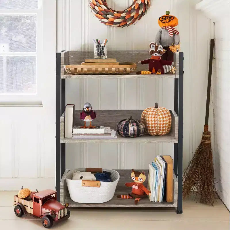 VECELO 3-Tier Small Bookshelf, Storage Organizer, Industrial Shelving Unit for Office or Living Room, Brown