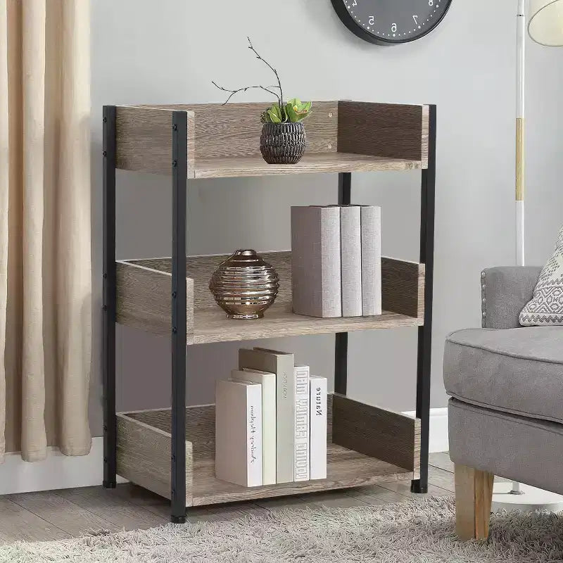 VECELO 3-Tier Small Bookshelf, Storage Organizer, Industrial Shelving Unit for Office or Living Room, Brown