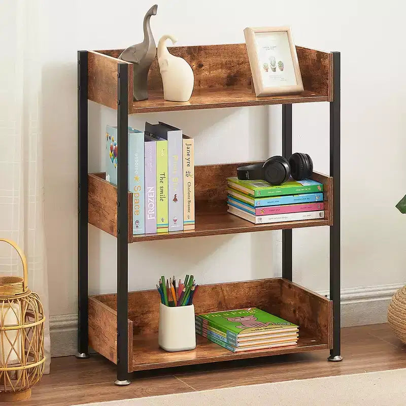 VECELO 3-Tier Small Bookshelf, Storage Organizer, Industrial Shelving Unit for Office or Living Room, Brown
