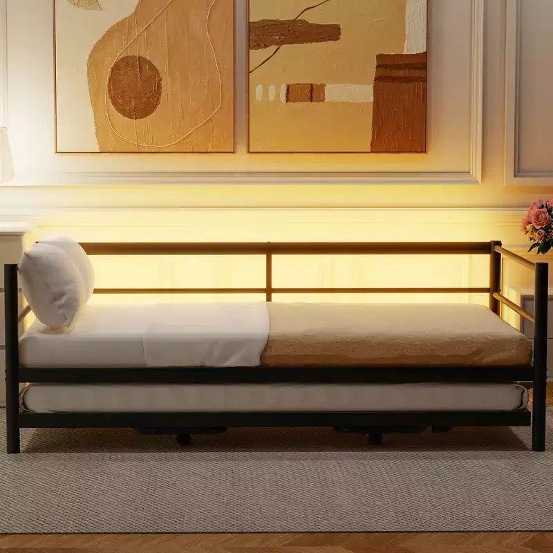 GDFStudio Adam Metal Twin Size Daybed with LED and Pop Up Trundle Bed