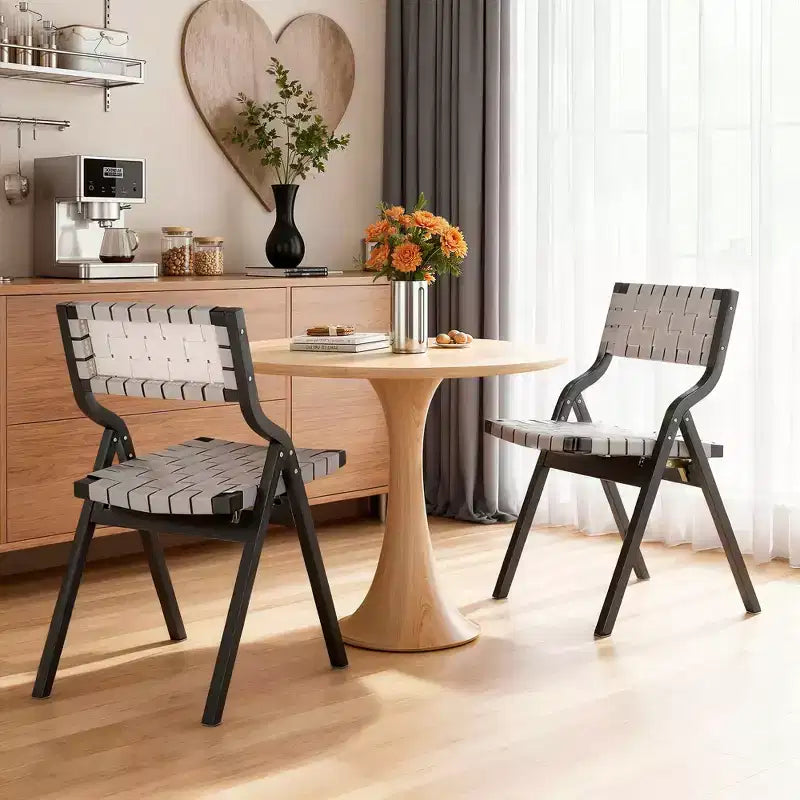 MAYEERTY 2-Set Wood Foldable & Stackable Dining Chairs for Dining Room, Woven Seat & Back, Light Grey - Black