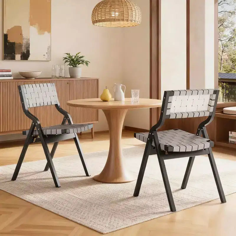 MAYEERTY 2-Set Wood Foldable & Stackable Dining Chairs for Dining Room, Woven Seat & Back, Light Grey - Black