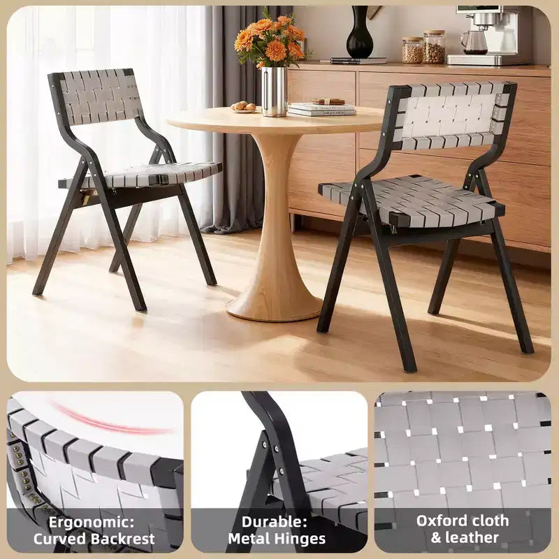 MAYEERTY 2-Set Wood Foldable & Stackable Dining Chairs for Dining Room, Woven Seat & Back, Light Grey - Black
