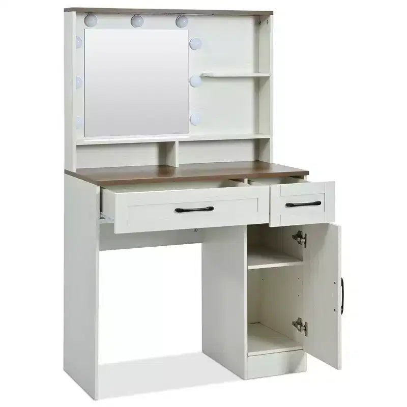 Okak Farmhouse Makeup Vanity with Mirror, Dressing Table Set with Adjustable Shelves,2 Drawers and Side Cabinet for Bedroom