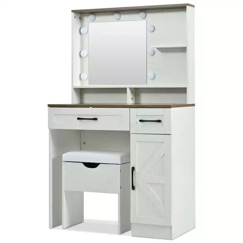 Okak Farmhouse Makeup Vanity with Mirror, Dressing Table Set with Adjustable Shelves,2 Drawers and Side Cabinet for Bedroom