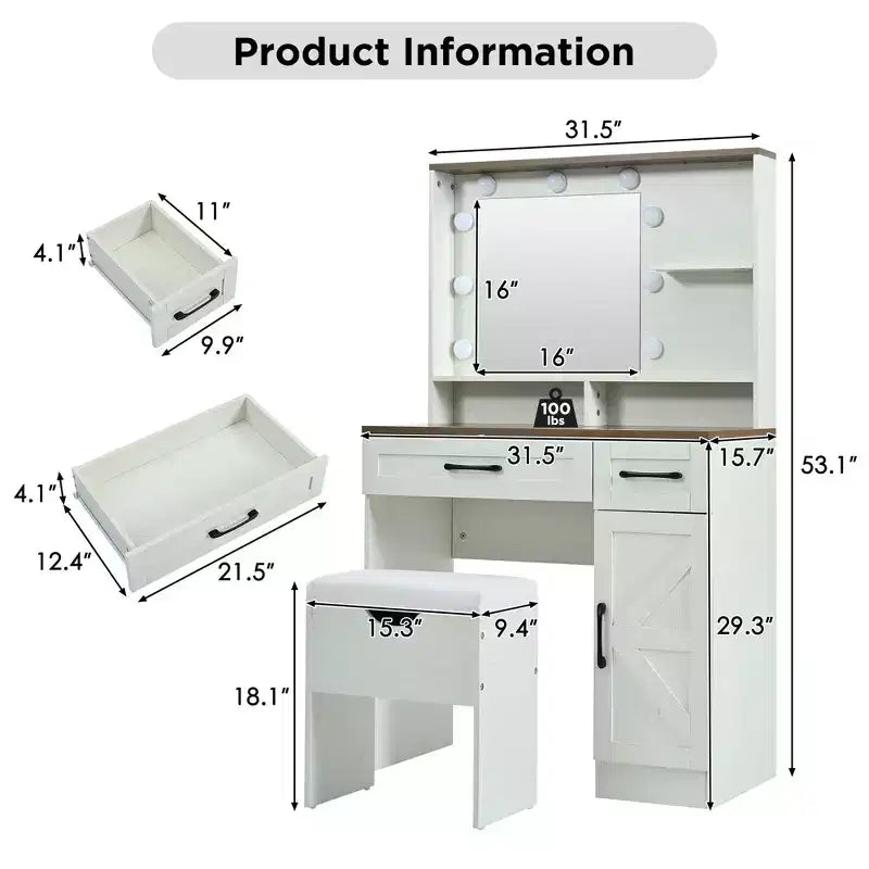 Okak Farmhouse Makeup Vanity with Mirror, Dressing Table Set with Adjustable Shelves,2 Drawers and Side Cabinet for Bedroom