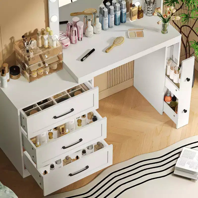 Okak Farmhouse Makeup Vanity with Mirror, Dressing Table Set with Adjustable Shelves,2 Drawers and Side Cabinet for Bedroom