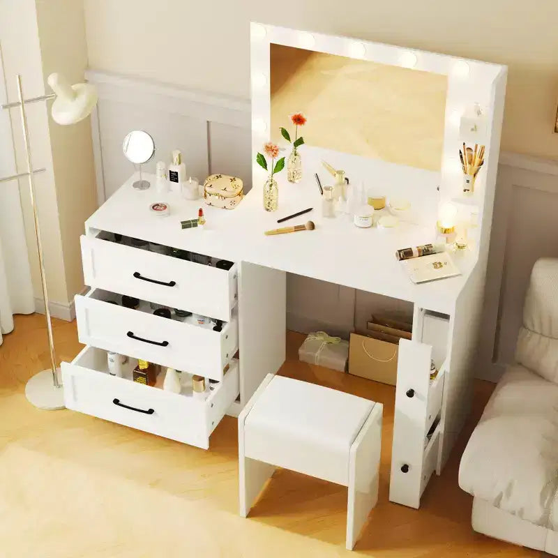 Okak Farmhouse Makeup Vanity with Mirror, Dressing Table Set with Adjustable Shelves,2 Drawers and Side Cabinet for Bedroom