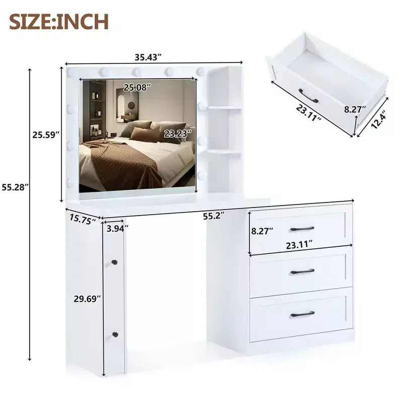 Okak Farmhouse Makeup Vanity with Mirror, Dressing Table Set with Adjustable Shelves,2 Drawers and Side Cabinet for Bedroom