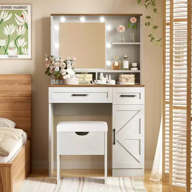 Okak Farmhouse Makeup Vanity with Mirror, Dressing Table Set with Adjustable Shelves,2 Drawers and Side Cabinet for Bedroom