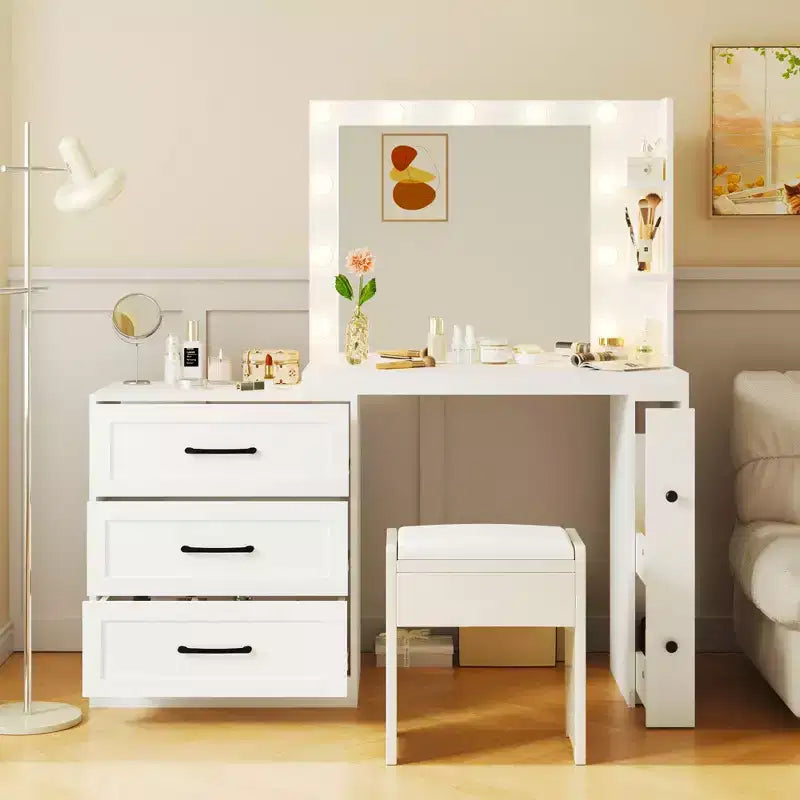 Okak Farmhouse Makeup Vanity with Mirror, Dressing Table Set with Adjustable Shelves,2 Drawers and Side Cabinet for Bedroom