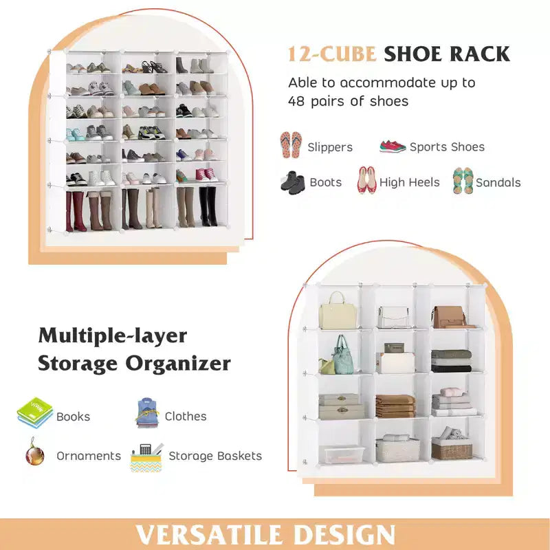 Costway Portable Shoe Rack Organizer 12-Cube 48 Pair Shoe Shelf Storage Cabinet with Hook White/Black