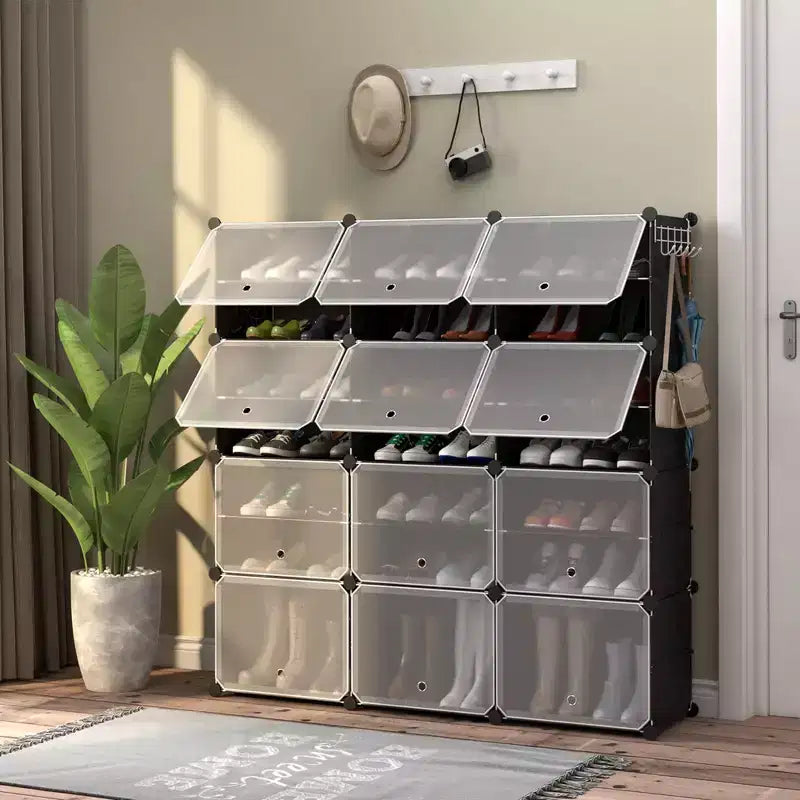 Costway Portable Shoe Rack Organizer 12-Cube 48 Pair Shoe Shelf Storage Cabinet with Hook White/Black