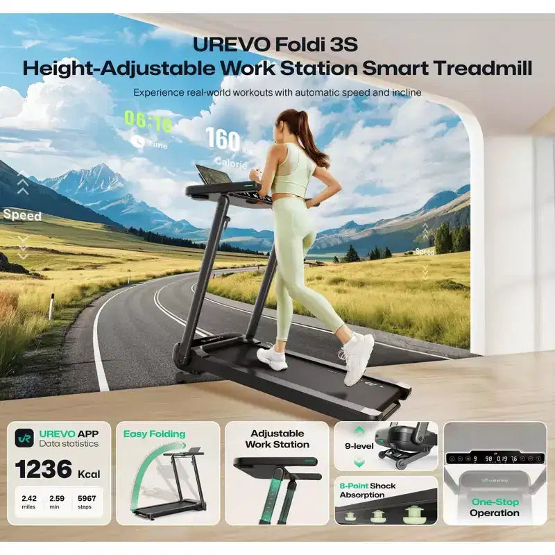 Tapis de course UREVO Foldi 3S avec bureau | Réglable, pliable, intelligent