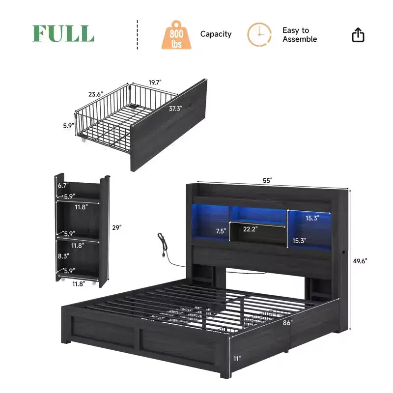 AMERLIFE Bed Frame with Drawers, LED, Bookcase Headboard, Charging, Shelves