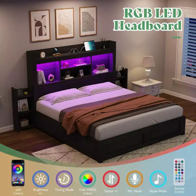AMERLIFE Bed Frame with Drawers, LED, Bookcase Headboard, Charging, Shelves
