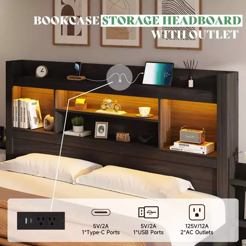 AMERLIFE Bed Frame with Drawers, LED, Bookcase Headboard, Charging, Shelves