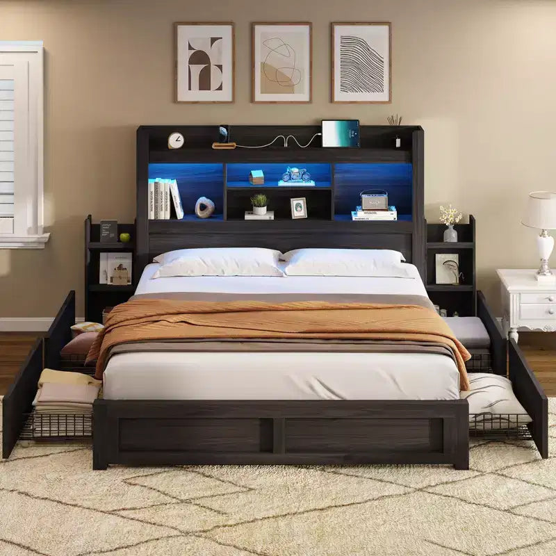 AMERLIFE Bed Frame with Drawers, LED, Bookcase Headboard, Charging, Shelves