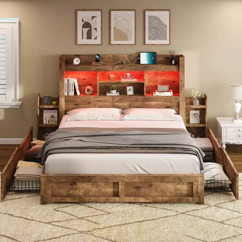 AMERLIFE Bed Frame with Drawers, LED, Bookcase Headboard, Charging, Shelves