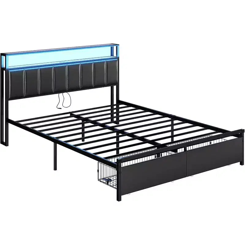 AMERLIFE LED Bed Frame with Drawers, 2-Tier Storage and Charging Station