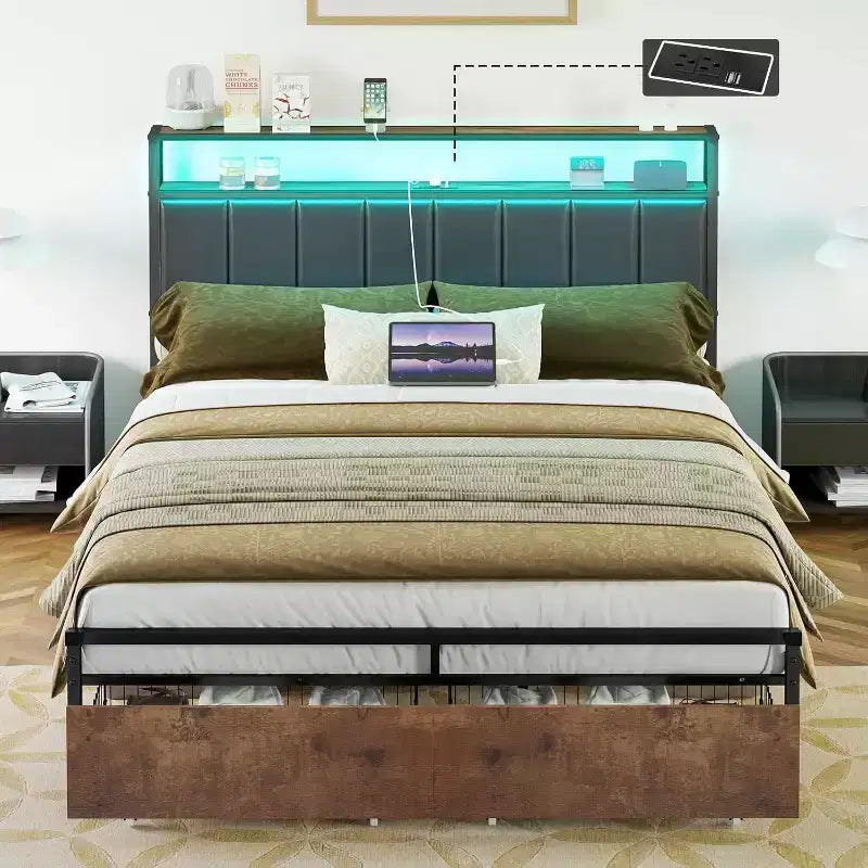 AMERLIFE LED Bed Frame with Drawers, 2-Tier Storage and Charging Station