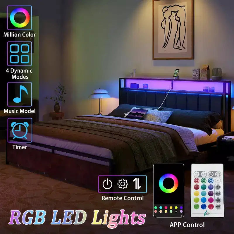 AMERLIFE LED Bed Frame with Drawers, 2-Tier Storage and Charging Station