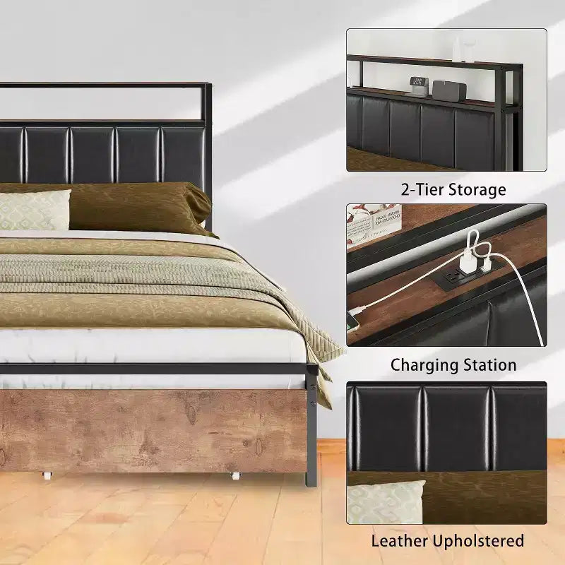 AMERLIFE LED Bed Frame with Drawers, 2-Tier Storage and Charging Station