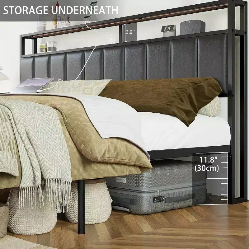 AMERLIFE LED Bed Frame with Drawers, 2-Tier Storage and Charging Station