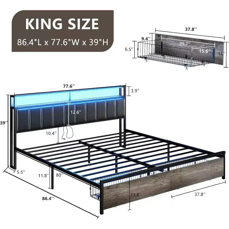 AMERLIFE LED Bed Frame with Drawers, 2-Tier Storage and Charging Station