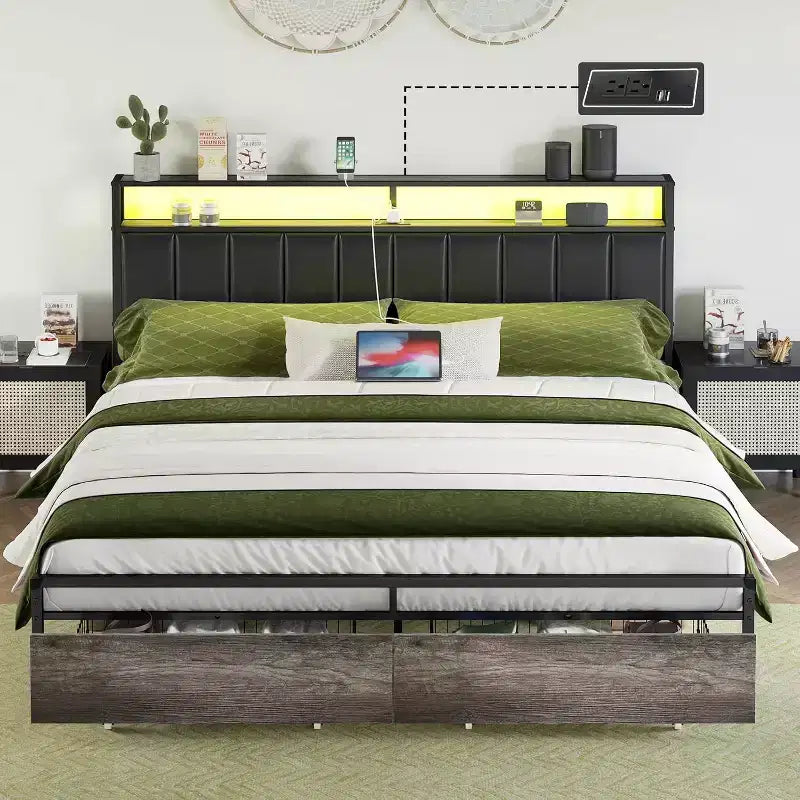 AMERLIFE LED Bed Frame with Drawers, 2-Tier Storage and Charging Station