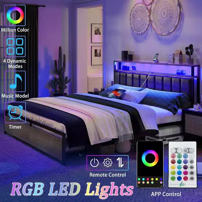AMERLIFE LED Bed Frame with Drawers, 2-Tier Storage and Charging Station