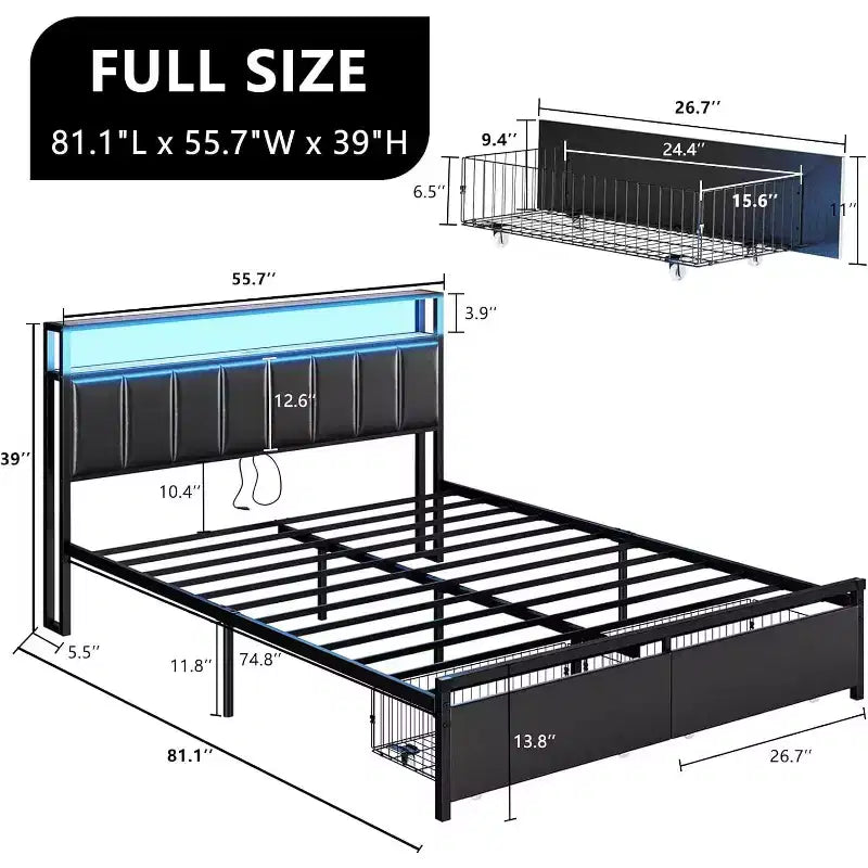 AMERLIFE LED Bed Frame with Drawers, 2-Tier Storage and Charging Station