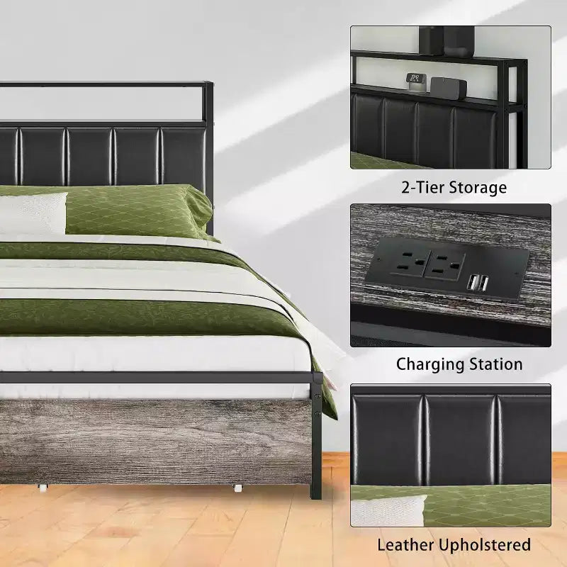 AMERLIFE LED Bed Frame with Drawers, 2-Tier Storage and Charging Station