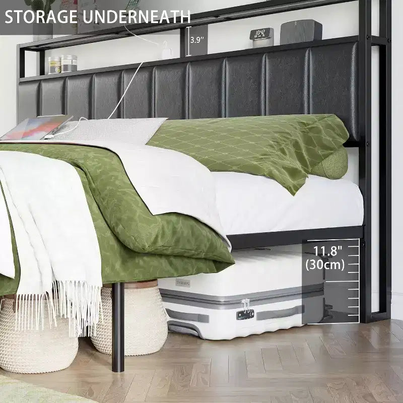 AMERLIFE LED Bed Frame with Drawers, 2-Tier Storage and Charging Station