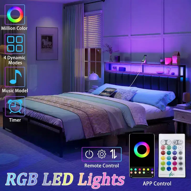 AMERLIFE LED Bed Frame with Drawers, 2-Tier Storage and Charging Station
