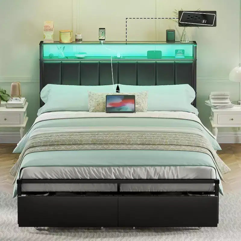 AMERLIFE LED Bed Frame with Drawers, 2-Tier Storage and Charging Station