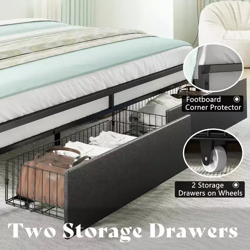 AMERLIFE LED Bed Frame with Drawers, 2-Tier Storage and Charging Station