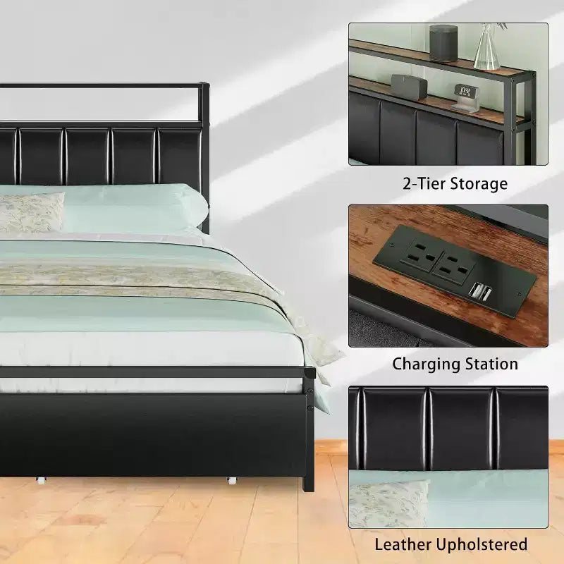 AMERLIFE LED Bed Frame with Drawers, 2-Tier Storage and Charging Station