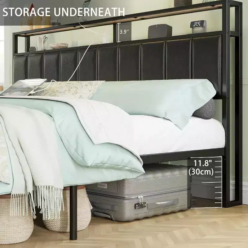 AMERLIFE LED Bed Frame with Drawers, 2-Tier Storage and Charging Station