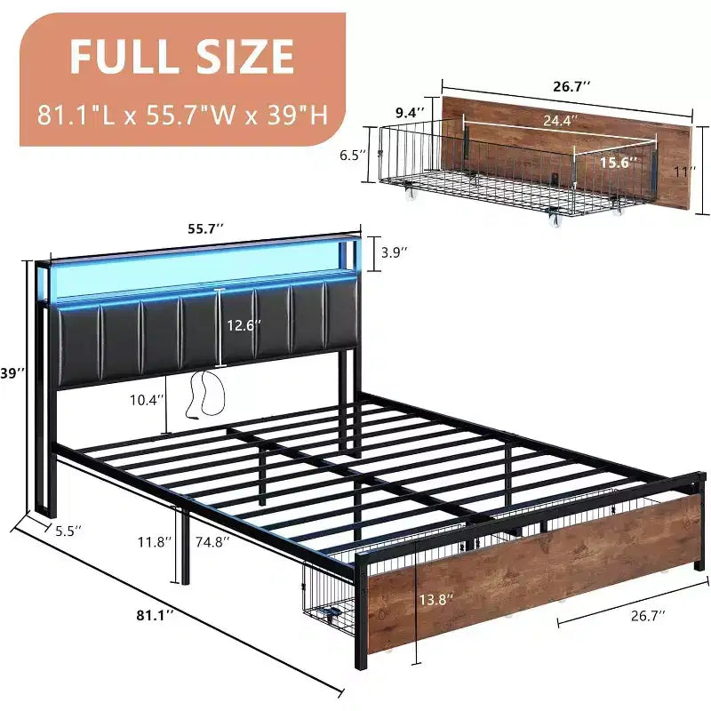 AMERLIFE LED Bed Frame with Drawers, 2-Tier Storage and Charging Station