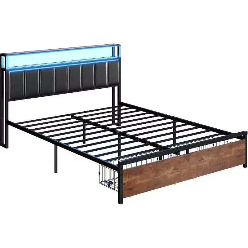 AMERLIFE LED Bed Frame with Drawers, 2-Tier Storage and Charging Station